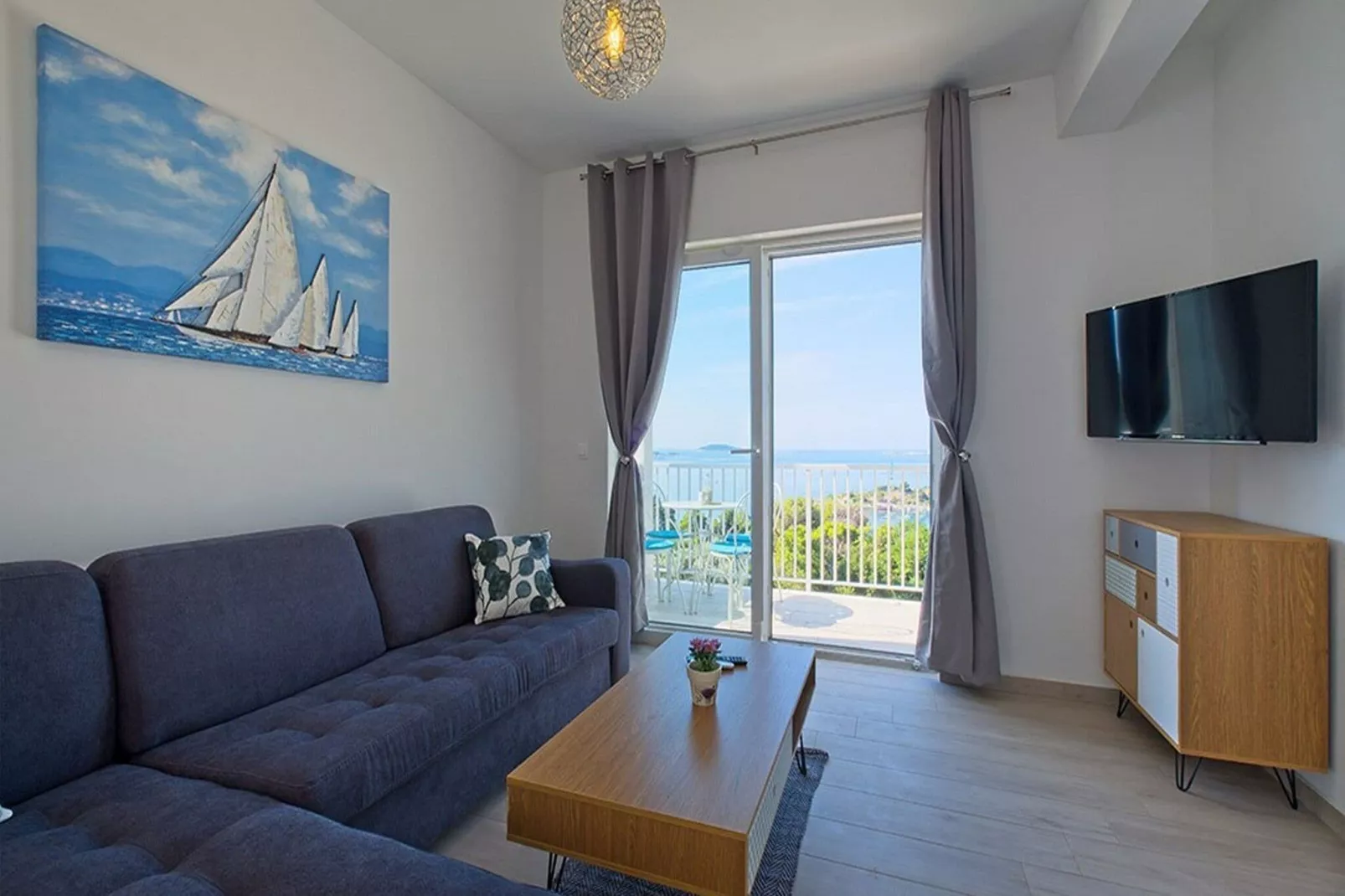 Apartments Grljević - One Bedroom Apartment with Balcony and Sea View (A4)-Woonkamer