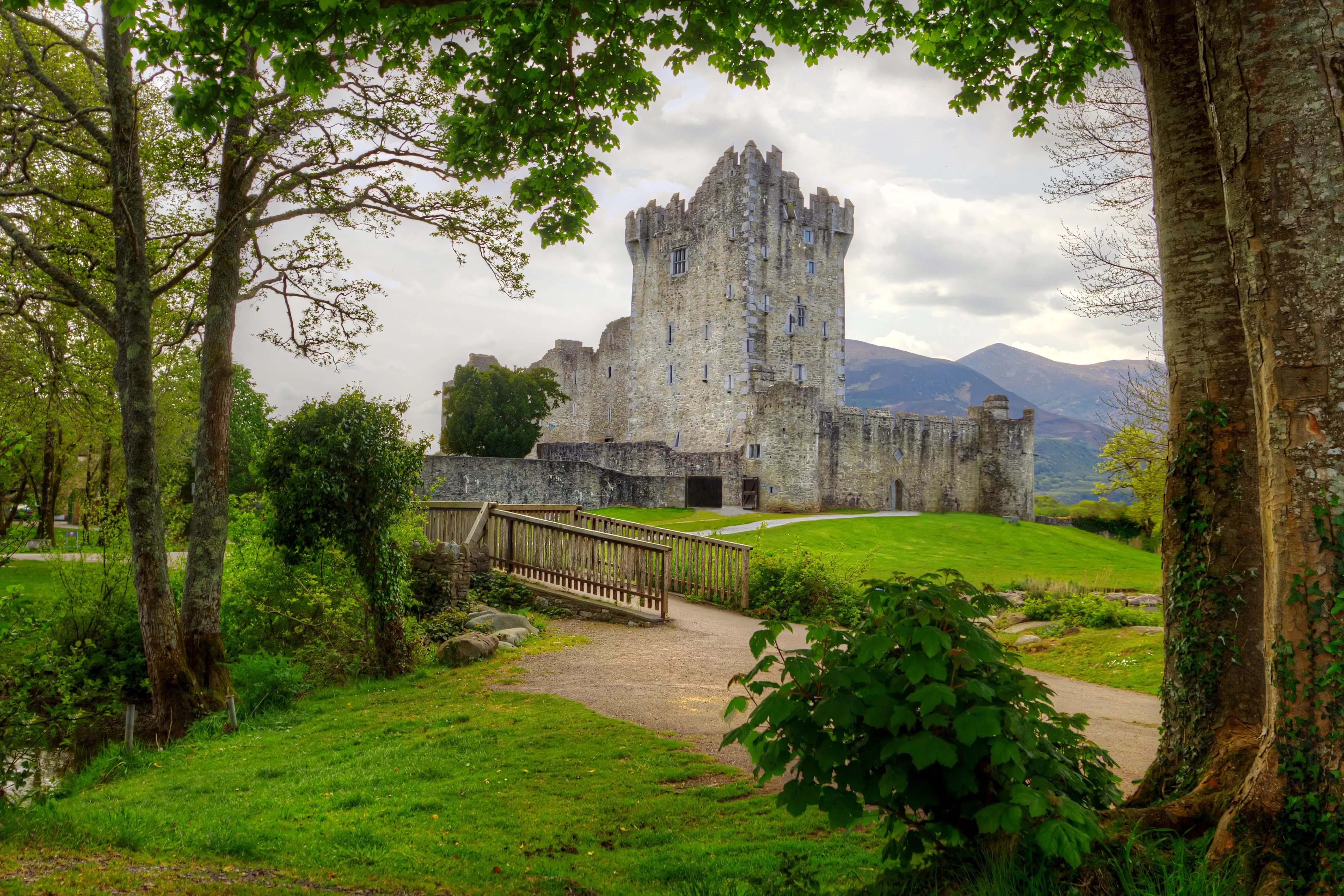 Middeleeuws Ross Castle in Killarney, omringd door groen en bergen, gezien vanaf een wandelpad met houten brug.